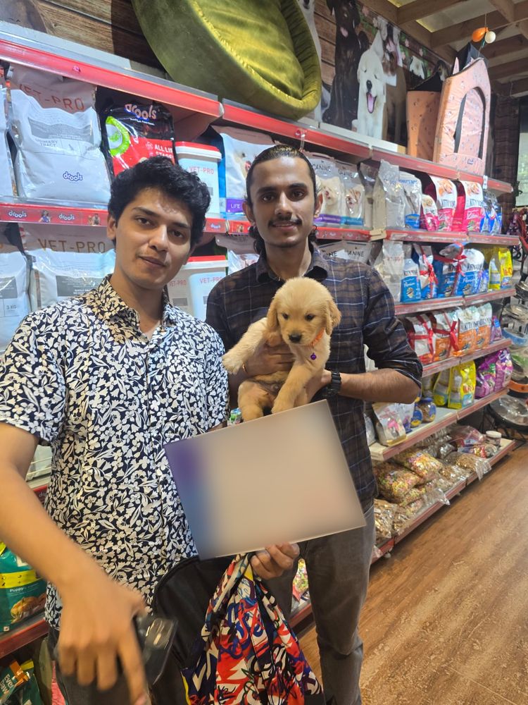 Two friends with their new Golden Retriever puppy in Delhi NCR